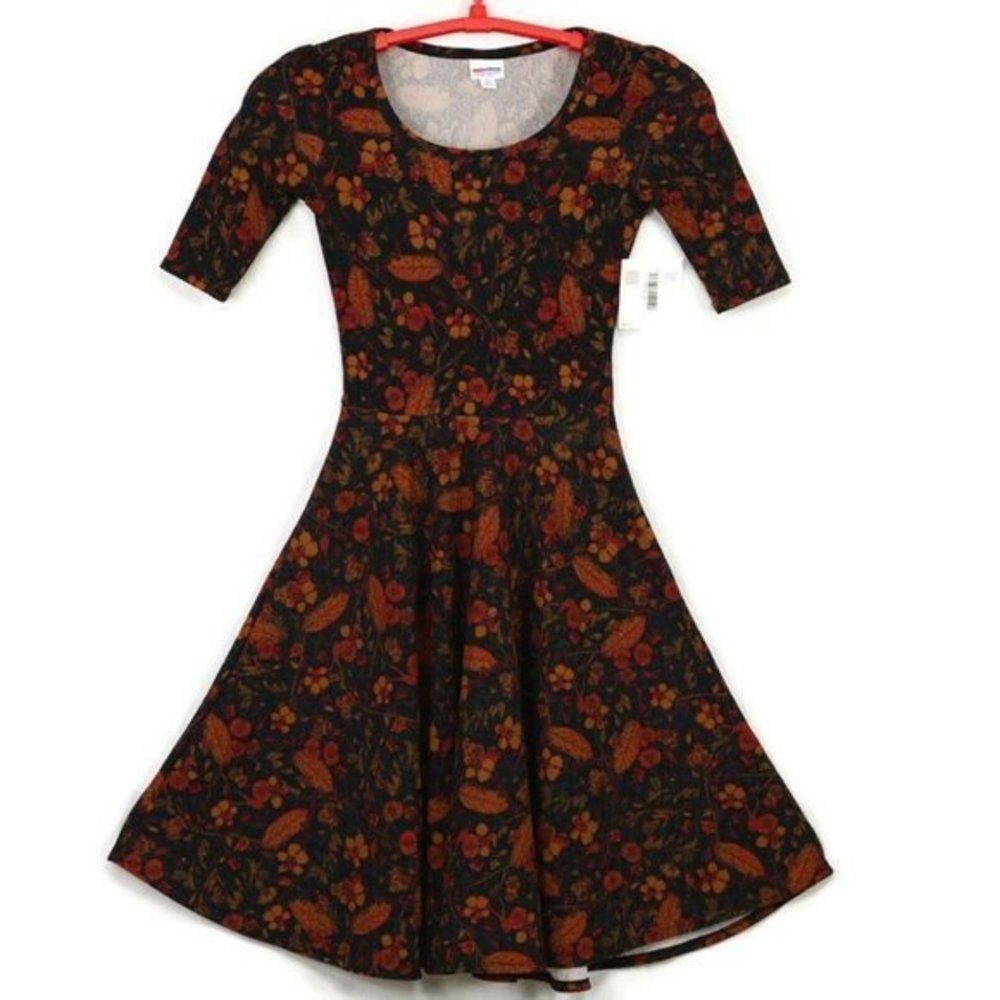 LuLaRoe Nicole Fit & Flare A-Line‎ Dress Black Gold Mustard Red Floral Leaves XS